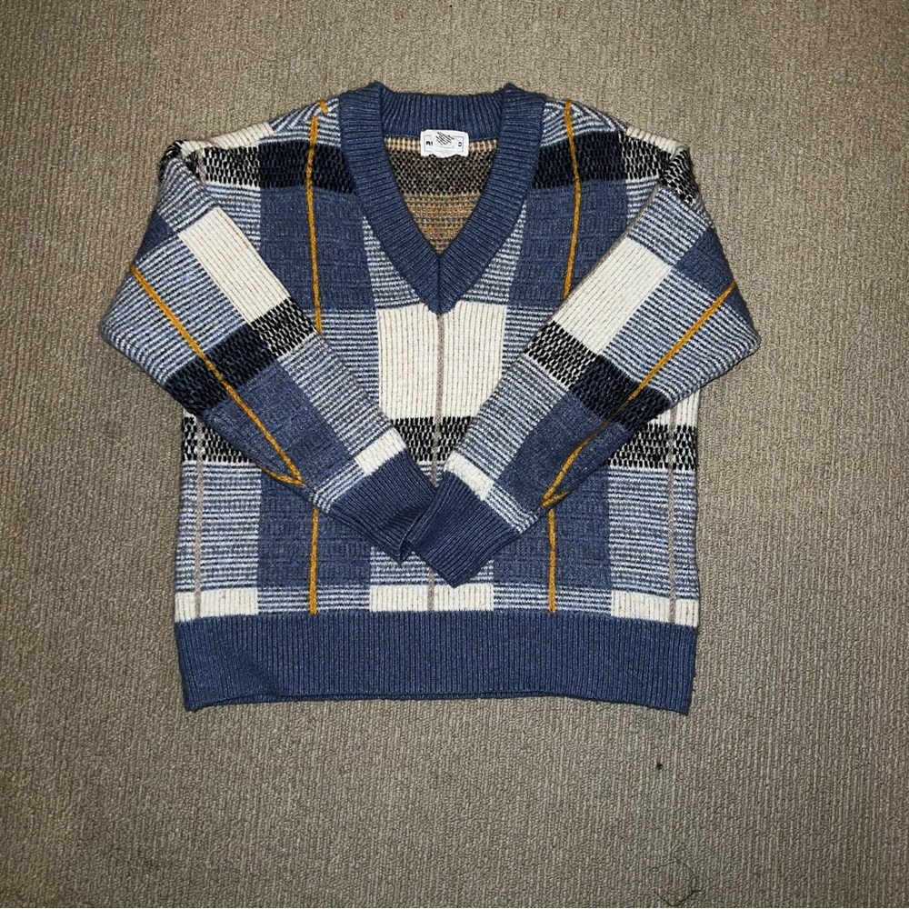 For The Republic V-Neck Sweater in Blue, White, and Black Plaid